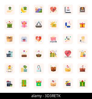 Pacchetto raffinato con 36 icone vettoriali piatte per confezione regalo, ottimizzato con qualità ottimizzata di 64 x 64 pixel per soluzioni di design eleganti e funzionali. Illustrazione Vettoriale