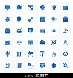 Pacchetto strategico con 36 icone vettoriali che rappresentano strumenti in formato glifo, ottimizzato con qualità modificabile 256x256 per flussi di lavoro professionali. Illustrazione Vettoriale