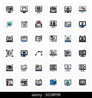 Collezione di 36 icone vettoriali che rappresentano il software di progettazione nell'estetica Filled Line, ottimizzata con risoluzione ottimizzata 64x64 pixel per maxi Illustrazione Vettoriale