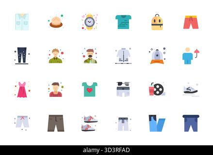 Un set versatile di 24 icone vettoriali con dettagli piatti ottimizzati focalizzate sul casual, fornite in un formato nitido 128x128, ideale per applicazioni mobili e Web. Illustrazione Vettoriale