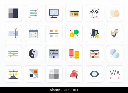 Collezione esclusiva di 24 icone vettoriali piatte per il contrasto, sviluppate con risoluzione modificabile ad alta risoluzione per esperienze di marca di livello superiore. Illustrazione Vettoriale
