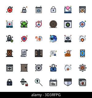 Sofisticato pacchetto di 36 icone vettoriali piene Flat Line per la privacy, progettate con chiarezza allineata a 128x128 pixel per applicazioni professionali. Illustrazione Vettoriale