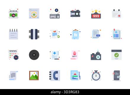 Set di 24 icone vettoriali ottimizzate Flat Pixel incentrate su record, realizzate con risoluzione 64 x 64 per un'integrazione perfetta in app e siti Web. Illustrazione Vettoriale