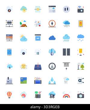 Confezione curata di 42 icone vettoriali 256x256 con design piatto, incentrate sui concetti Cloud con nitidezza ottimizzata per pixel. Illustrazione Vettoriale
