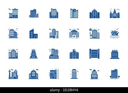 Una raccolta pulita di 24 icone vettoriali piene che rappresentano l'architettura moderna, progettata in formato 128x128 display perfetto per dashboard moderni e in Illustrazione Vettoriale