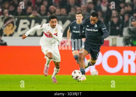 Stoccarda, Germania. 6 novembre 2025. Stoccarda - durante la quarta partita della UEFA Europa League 2025/2026. La partita è ambientata tra VfB Stuttgart e Feyenoord a Neckarstadion, MHP Arena il 6 novembre 2025 a Stoccarda, Germania. Credito: Foto Box to Box/Alamy Live News Foto Stock