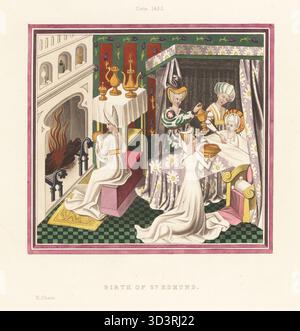 Nobildonna che partorisce nel XV secolo. Raffigurazione della nascita di Sant'Edmondo, re dell'Anglia orientale. Le signore in attesa e le ostetriche assistono la madre a letto con zuppa e aromi, mentre una nursemaid riscalda il bambino vicino al focolare. Le donne indossano grandi cappelli alti, hennin e escoffion e abiti lunghi. La camera dispone di carta da parati, letto a baldacchino, moquette e caminetto con rientranze. Dal poeta John Lydgate's Lives of Saints Edmund and Fremund, 1433, British Library, Harley MS 2278. Incisione a blocchi di legno a mano di Henry Shaw dai suoi abiti e decorazioni del Medioevo dal VII al XIX secolo Foto Stock
