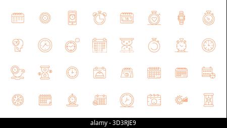 Kit di strumenti completo di 32 icone vettoriali incentrate sulla gestione del tempo, sviluppato in linea sottile con precisione montata su griglia 64x64 per un design versatile A. Illustrazione Vettoriale