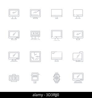 Confezione leader del settore di 16 icone vettoriali per LCD con griglia sottile, dimensionate ad alta risoluzione per un rendering ottimale e un'interfaccia utente eccellente. Illustrazione Vettoriale