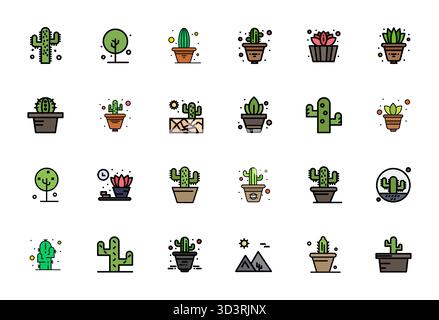 Confezione leader del settore di 24 icone vettoriali PIATTE perfette per Cactus, con dimensioni 128x128 per un rendering ottimale e un'interfaccia utente eccellente Illustrazione Vettoriale