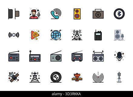 Questa collezione include 24 icone vettoriali modificabili piene di linee piatte, personalizzate per il tema radio, ottimizzate in formato Retina Ready per il design digitale. Illustrazione Vettoriale