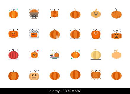 Confezione innovativa di 24 icone vettoriali incentrate su Pumpkin, con design piatto in 64 x 64 PIXEL, formato perfetto per le moderne soluzioni digitali. Illustrazione Vettoriale