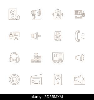 Confezione leader del settore di 16 icone vettoriali allineate ai pixel sottili per altoparlante, con dimensioni di 256x256 per un rendering ottimale e un'interfaccia utente eccellente. Illustrazione Vettoriale