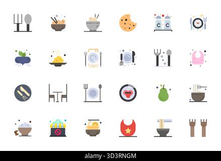 Raccolta ad alte prestazioni di 24 icone vettoriali piatte per mangiare, progettata con risoluzione 64 x 64 modificabile per un design ottimale dell'interfaccia utente. Illustrazione Vettoriale