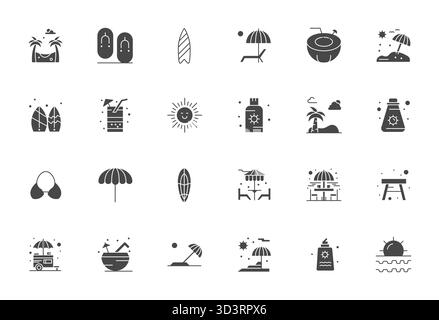24 icone vettoriali piene accuratamente selezionate per Beach, con risoluzione modificabile ad alta risoluzione per una rappresentazione coerente del marchio e un'esperienza utente Illustrazione Vettoriale