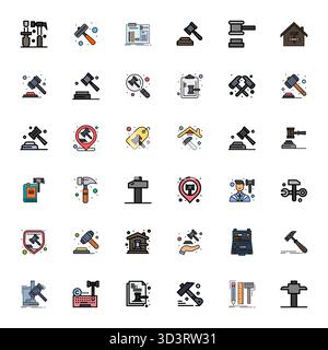 Confezione da 36 icone vettoriali a tema Hammer, con design a linea piatta e nitidezza ottimizzata da 128x128 pixel per utenti innovativi Illustrazione Vettoriale