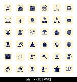 Raccolta ad alte prestazioni di 36 icone vettoriali piene per Authority, progettata con risoluzione allineata a 128x128 pixel per un'interfaccia utente ottimale Illustrazione Vettoriale