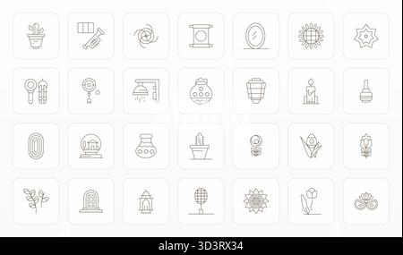 Un set versatile di 28 icone vettoriali ottimizzate per i pixel Thin Line incentrate sulla decorazione, in un formato nitido ad alta risoluzione, ideale per dispositivi mobili e Web Illustrazione Vettoriale