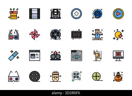 Pacchetto completo con 24 icone vettoriali nel design riempito di linea per animazione, fornito con una qualità nitida 64 x 64 modificabile. Illustrazione Vettoriale