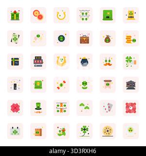 Set semplificato di 36 icone vettoriali per l'estetica Lucky in Flat, con risoluzione perfetta di 256x256 PIXEL per un'esperienza utente senza interruzioni. Illustrazione Vettoriale