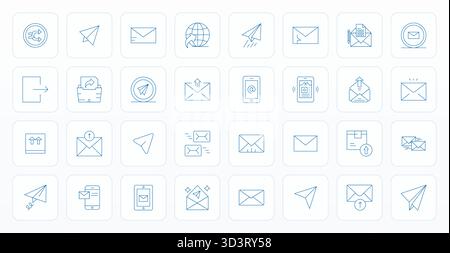 Un set versatile di 32 icone vettoriali modificabili Thin Line incentrate sull'invio, fornite in un formato nitido ad alta risoluzione, ideale per applicazioni mobili e Web Illustrazione Vettoriale