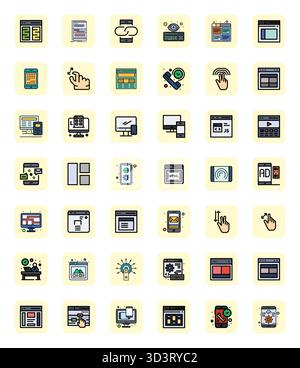 Un set dinamico di 42 icone vettoriali in LineFilled, personalizzato per reattività con qualità ottimizzata 64 x 64 pixel, adatto per i prodotti digitali. Illustrazione Vettoriale