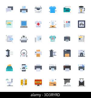 Collezione professionale di 36 icone vettoriali piatte che rappresentano la stampa, realizzata con display 128x128 precisione perfetta per le applicazioni aziendali. Illustrazione Vettoriale