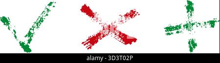 Controlla Marks Doodle. Sì, No e segno di spunta più. Raccolta di simboli silhouette Concept Approval, Error and Addition Brush Drawn Stroke Approval, Error and Addition. Isolato Illustrazione Vettoriale