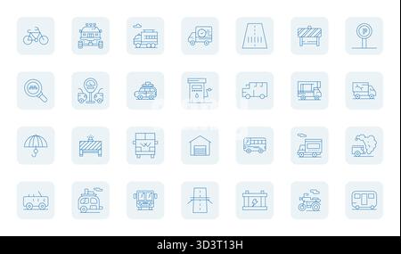 28 icone vettoriali progettate con cura e ispirate al veicolo, realizzate in profilo sottile con precisione allineata ai pixel 64 x 64 per esigenze di design contemporaneo. Illustrazione Vettoriale