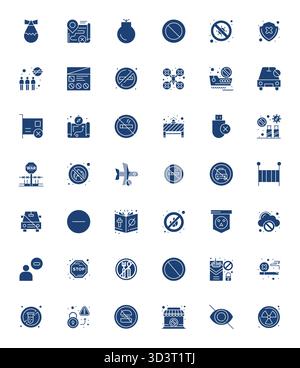 Un set dinamico di 42 icone vettoriali riempite, personalizzate per proibire con qualità ottimizzata 128x128 pixel, adatte per i prodotti digitali. Illustrazione Vettoriale