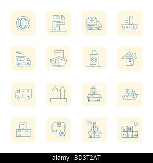 Una raccolta pulita di 16 icone vettoriali Thin Outline che rappresentano la logistica, progettata in formato High Resolution Detail Enhanced per dashboard moderni e Illustrazione Vettoriale