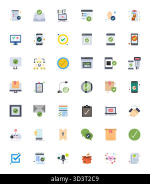 Confezione curata di 42 icone vettoriali 256x256 con design piatto, incentrate sui concetti di conferma con chiarezza a griglia. Illustrazione Vettoriale