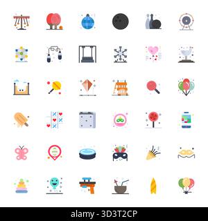 Collezione artigianale con 36 icone vettoriali piatte per il divertimento, ottimizzate con dettagli 128x128 risoluzione migliorata per esperienze digitali di livello superiore. Illustrazione Vettoriale
