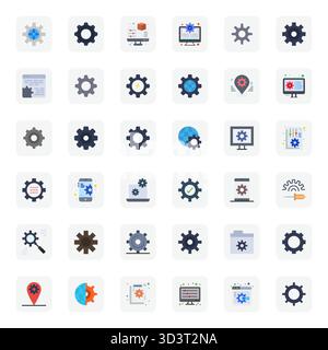 Collezione professionale di 36 icone vettoriali piatte che rappresentano le regolazioni, realizzate con precisione allineata ai pixel 64x64 per le applicazioni aziendali Illustrazione Vettoriale