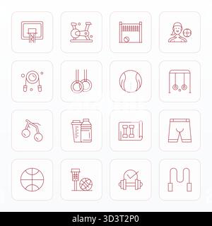 Raccolta avanzata di icone vettoriali perfette da 16 PIXEL ispirate all'esercizio fisico, realizzate in linea sottile con ottimizzazione 128x128 per una performa visiva superiore Illustrazione Vettoriale