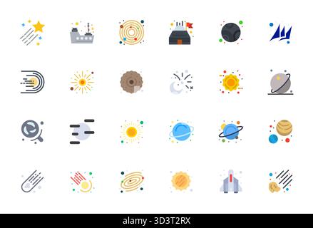 Raccolta di 24 icone vettoriali allineate ai pixel piatti per Comet, progettate in formato 128x128 per chiarezza e versatilità. Illustrazione Vettoriale