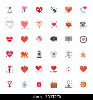 Pacchetto strategico con 36 icone vettoriali che rappresentano il cuore in formato piatto, ottimizzato con qualità modificabile 128x128 per flussi di lavoro professionali. Illustrazione Vettoriale