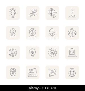 Pacchetto vettoriale con 16 dettagli sottili icone migliorate ispirate allo sviluppo sostenibile, con risoluzione 64 x 64 ideale per scalabilità e creatività Illustrazione Vettoriale