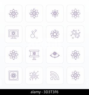 16 icone vettoriali Thin Line per Atom realizzate meticolosamente, fornite in qualità 64 x 64 Grid Found per standard di progettazione senza compromessi. Illustrazione Vettoriale