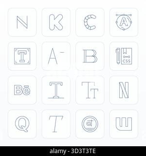 Pacchetto completo con 16 icone vettoriali nel design sottile per font, con una qualità ottimizzata di 128 x 128 pixel. Illustrazione Vettoriale