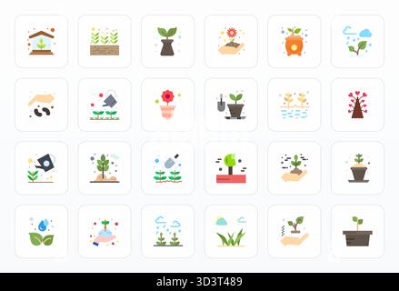 24 icone vettoriali create in modo magistrale che rappresentano la germogliatura nel design piatto, con risoluzione 256x256 modificabile per un'eccezionale qualità visiva. Illustrazione Vettoriale