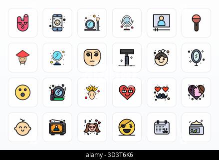 Raccolta di 24 icone vettoriali allineate ai pixel della linea riempita per il volto, progettate in formato 64 x 64 per chiarezza e versatilità. Illustrazione Vettoriale