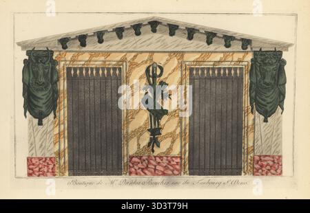 Shopping dei macellai di Danlos, Parigi. Il negozio è decorato con teste di toro ornate sotto il frontone, cuoio di mucca e finestre coperte da griglie di ventilazione. Boutique de Mr. Danlos, boucherie, rue de faubourg St-Denis. Litografia a pocoro (stencil) a colori a mano dopo un'incisione di Jean-Marie Mixelle dalle boutique di Hector Lefuel Parisiennes du Premier Empire, negozi parigini del primo Impero, Morance, Parigi, 1925. Foto Stock