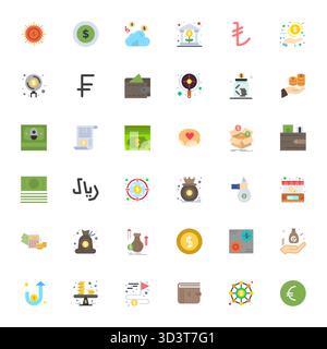 Collezione esclusiva di 36 icone vettoriali piatte per la valuta, sviluppata con risoluzione modificabile ad alta risoluzione per esperienze di marchio di qualità superiore. Illustrazione Vettoriale