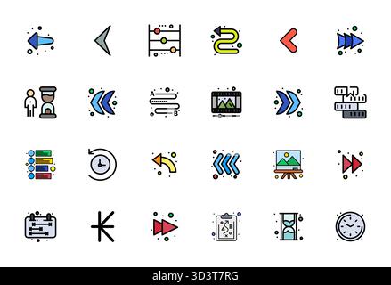 Scopri un set di 24 icone vettoriali piatte create per il tema Timeline, con design ad alta risoluzione con griglia, ideali per l'interfaccia utente/U moderna Illustrazione Vettoriale