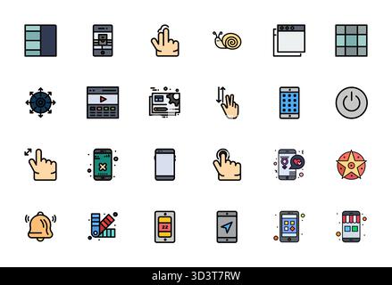 Sblocca 24 icone vettoriali ottimizzate Flat Line Pixel ispirate all'UX, ottimizzate in formato 64 x 64 per una visualizzazione impeccabile su tutti i dispositivi. Illustrazione Vettoriale