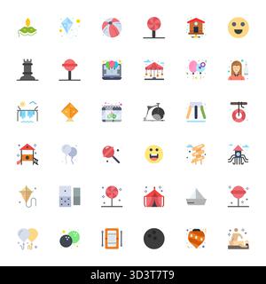 Un set dinamico di 36 icone vettoriali in piano, personalizzato per il divertimento con display 128x128 di qualità perfetta per i prodotti digitali. Illustrazione Vettoriale