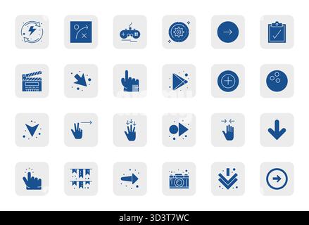 Scopri un set di 24 icone vettoriali piene create per il tema azione, con dettagli 256x256 Design ottimizzati, ideali per i moderni progetti UI/UX. Illustrazione Vettoriale