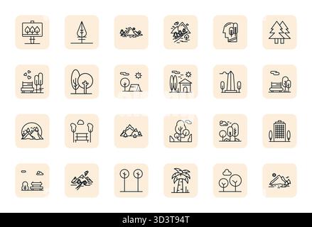 Collezione contemporanea di 24 icone vettoriali che rappresentano gli alberi con un'estetica Bold Outline regolare, con risoluzione allineata a 128x128 pixel per un moderno design Illustrazione Vettoriale