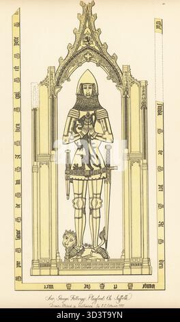 Ottoni monumentali di Sir George Felbrigg, chiesa di St Mary, Playford, Suffolk, XIV secolo. Sir George Felbrigge, morto nel 1400, cavaliere ed equerry di Edoardo III, in casco e tuta di armatura a placca, con tabard araldico. Incisione a mano in rame disegnata, incisa e pubblicata da John Sell Cotman in Engravings of the Most Remarkable of the Sepulchral Brasses in Suffolk, Henry Bohn, Londra, 1818. Foto Stock